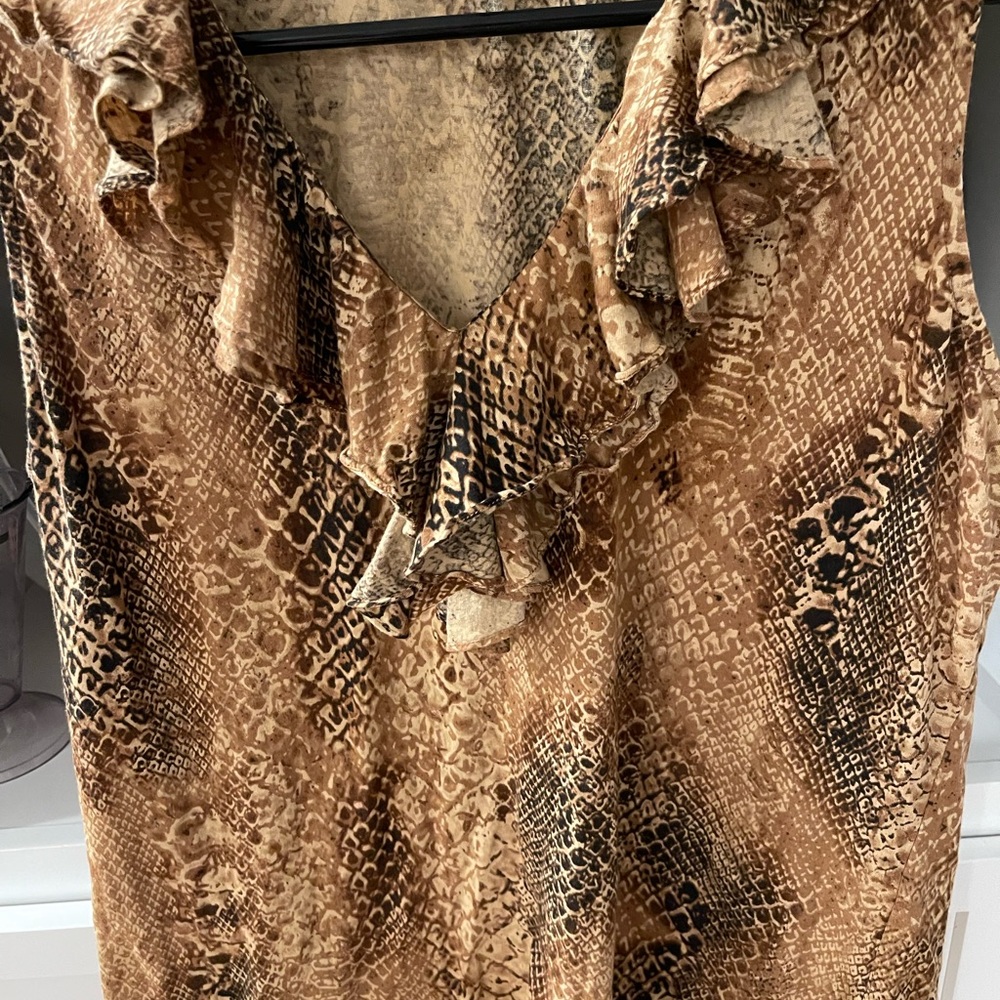 Size L Lauren Brown Python Ruffle Sleeveless Top - image 2
